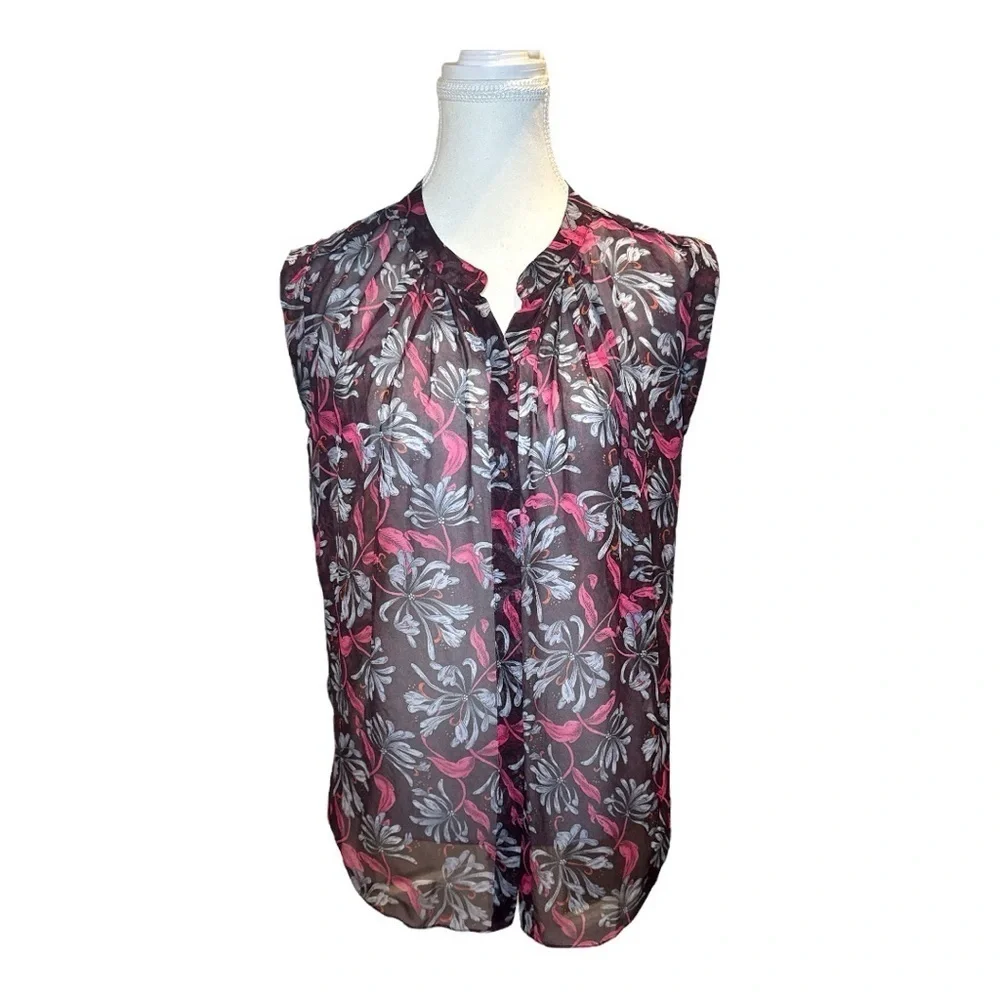 Rebecca Taylor 100% Silk Sheer Magenta Floral Print Blouse Sz 4 Feminine